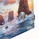 Close-up of a vibrant acrylic landscape artwork showcasing dramatic cliffs and vivid colors, perfect for modern decor enthusiasts seeking nature-inspired designs.