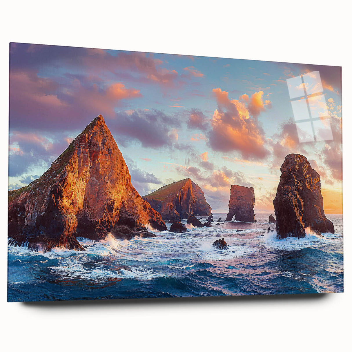Acrylic glass artwork showcasing colorful abstract cliffs in a side view, highlighting vibrant hues and intricate details, perfect for modern home decor.