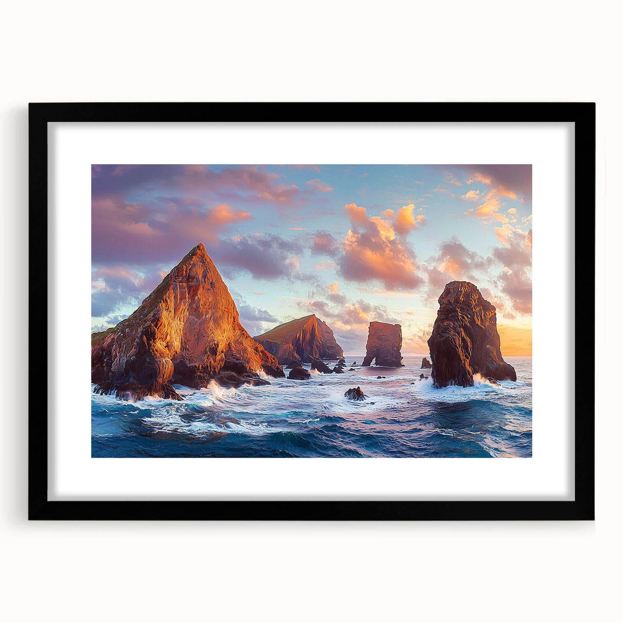 Black-framed landscape artwork featuring majestic cliffs and vibrant skies, designed to enhance home decor. Ideal for nature lovers seeking artistic inspiration.