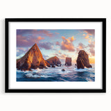 Black-framed landscape artwork featuring majestic cliffs and vibrant skies, designed to enhance home decor. Ideal for nature lovers seeking artistic inspiration.