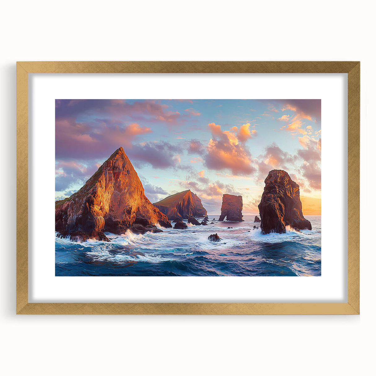 Elegant gold-framed landscape artwork featuring majestic cliffs, complemented by a mat for an upscale finish. Perfect for home decor and art enthusiasts.