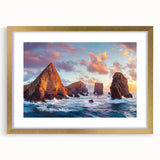 Elegant gold-framed landscape artwork featuring majestic cliffs, complemented by a mat for an upscale finish. Perfect for home decor and art enthusiasts.