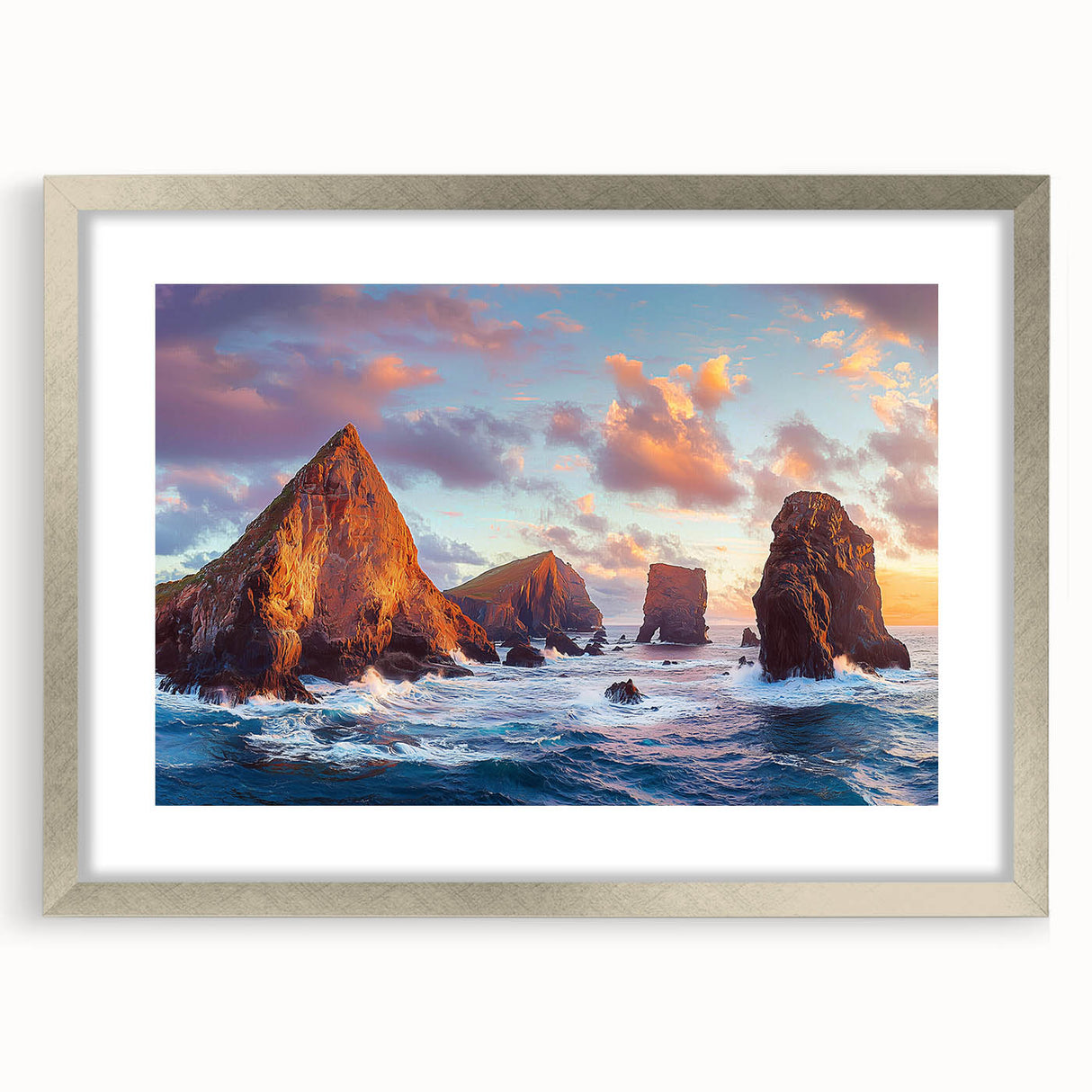 Framed landscape artwork featuring dramatic cliffs and serene water, showcased in a sleek silver frame with a mat, ideal for modern home decor.