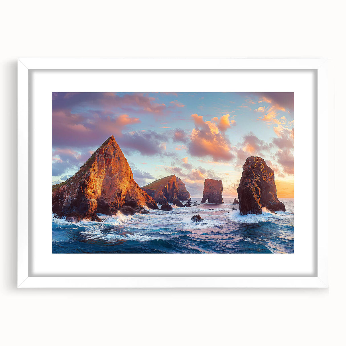 Framed landscape artwork depicting majestic cliffs, featuring a white mat and elegant frame, perfect for enhancing home decor with natural beauty.