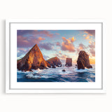 Framed landscape artwork depicting majestic cliffs, featuring a white mat and elegant frame, perfect for enhancing home decor with natural beauty.