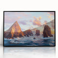 Framed acrylic artwork showcasing dramatic cliffs and landscapes in vibrant colors, presented in a sleek black frame, ideal for modern home decor.