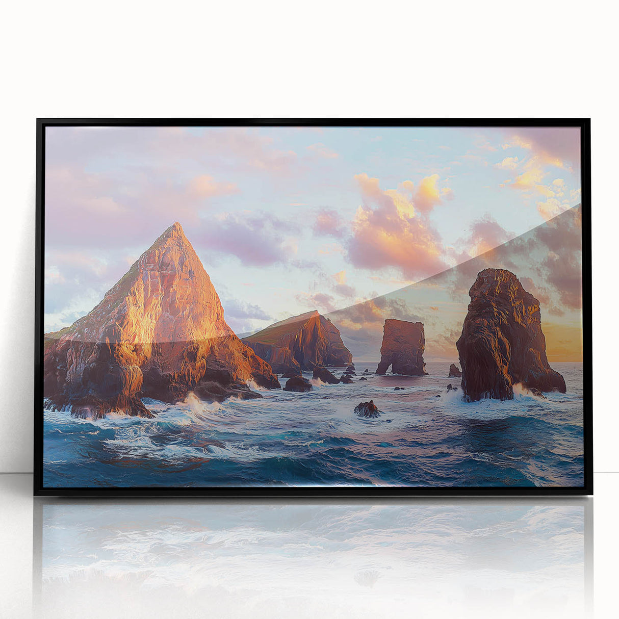 Framed acrylic artwork showcasing dramatic cliffs and landscapes in vibrant colors, presented in a sleek black frame, ideal for modern home decor.