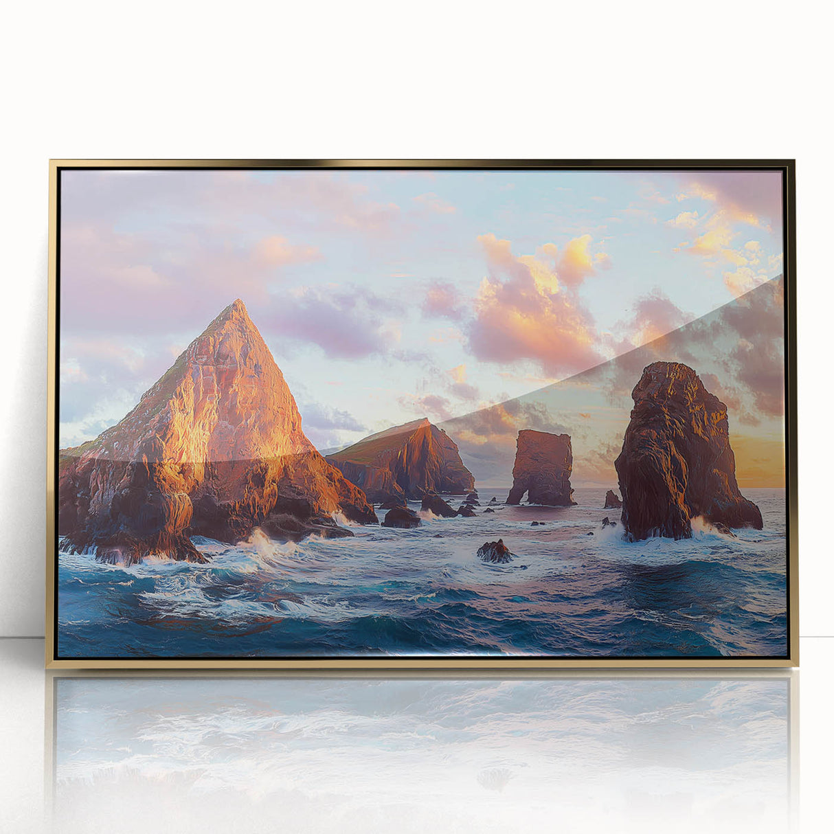 Framed acrylic artwork showcasing a vibrant landscape with majestic cliffs, highlighted by gold accents, adding elegance to any modern decor. Perfect for art enthusiasts seeking a striking focal point.