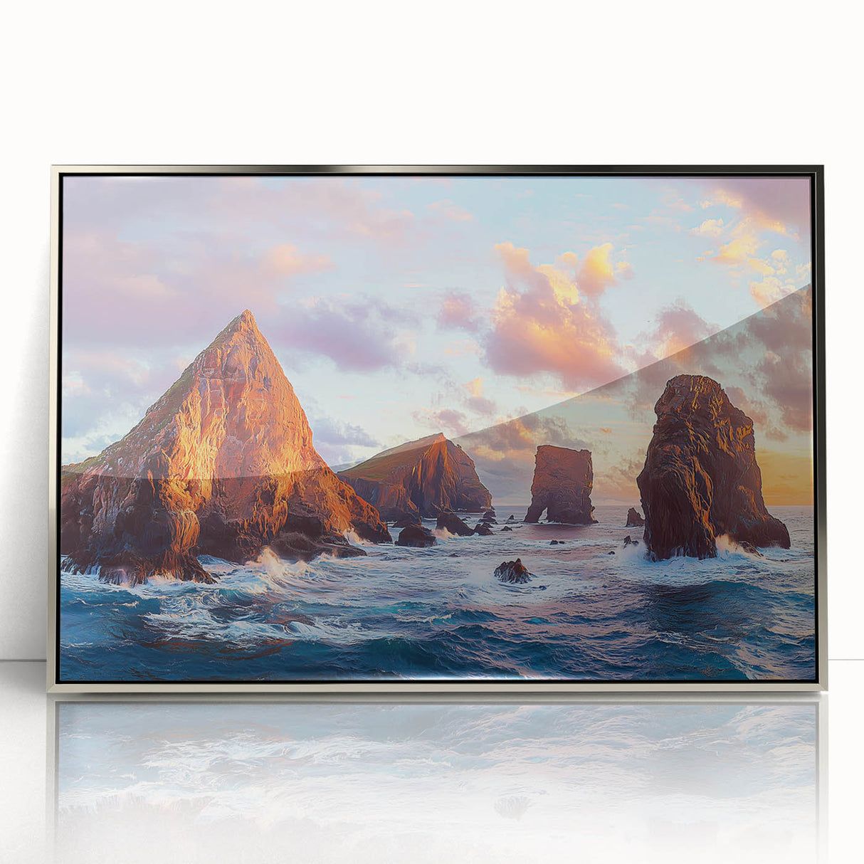 Framed acrylic artwork showcasing a dramatic cliff landscape in silver tones, ideal for modern home decor. Perfect for adding a touch of elegance to any room.