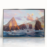 Framed acrylic artwork showcasing a dramatic cliff landscape in silver tones, ideal for modern home decor. Perfect for adding a touch of elegance to any room.