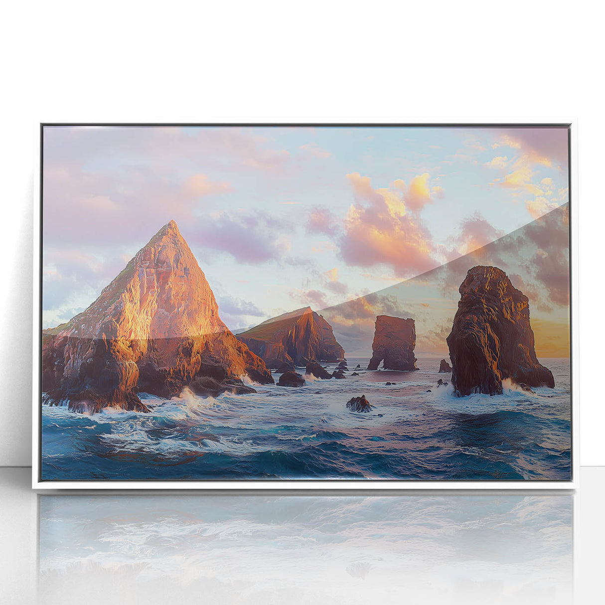 Framed acrylic artwork of a dramatic cliff landscape, showcasing vibrant colors and intricate details, ideal for modern home decor. Perfect for nature enthusiasts.