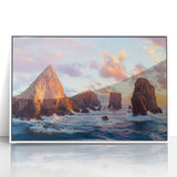 Framed acrylic artwork of a dramatic cliff landscape, showcasing vibrant colors and intricate details, ideal for modern home decor. Perfect for nature enthusiasts.