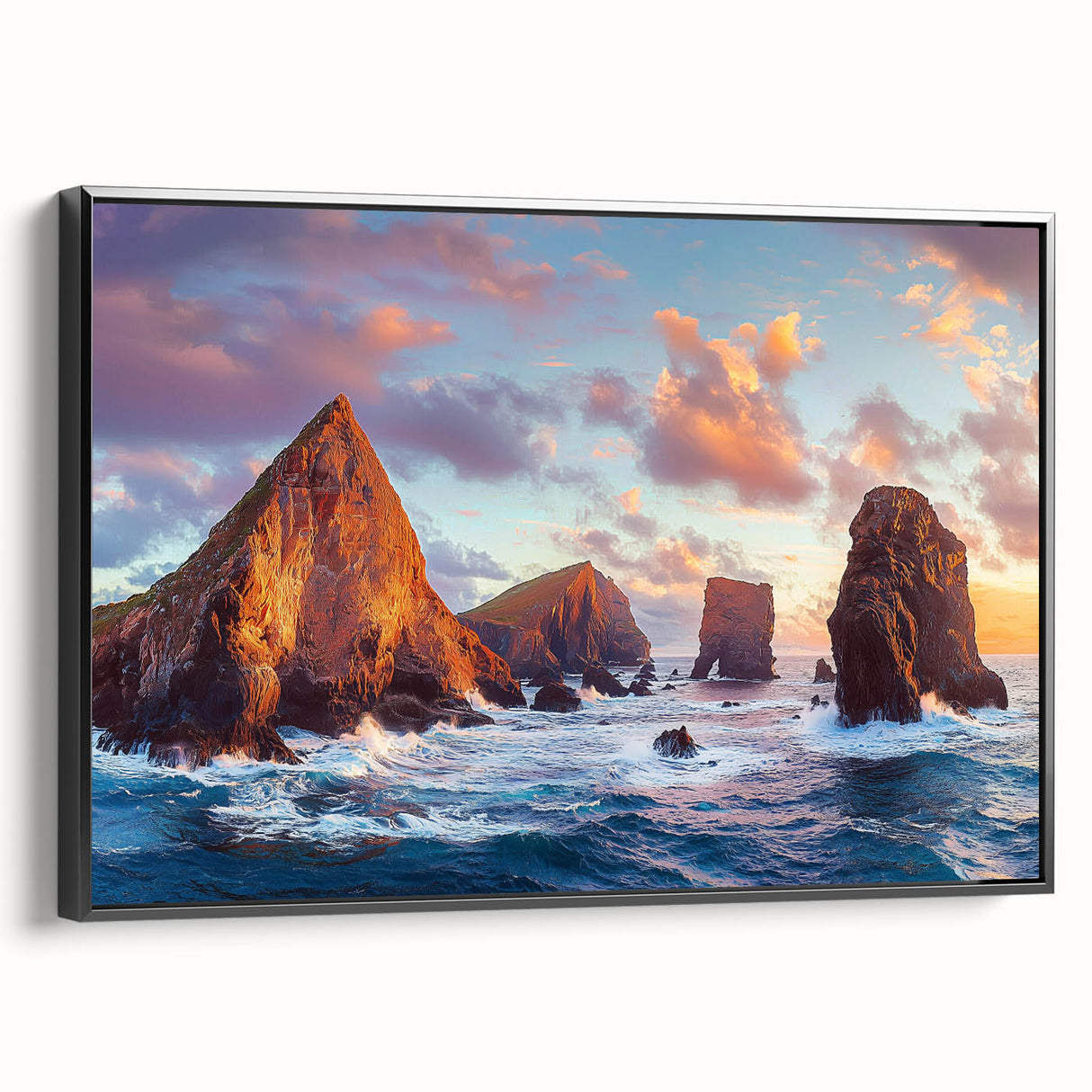 Framed canvas artwork depicting dramatic cliffs in a vibrant landscape, showcasing deep blues and earthy tones, perfect for modern home decor or office spaces.