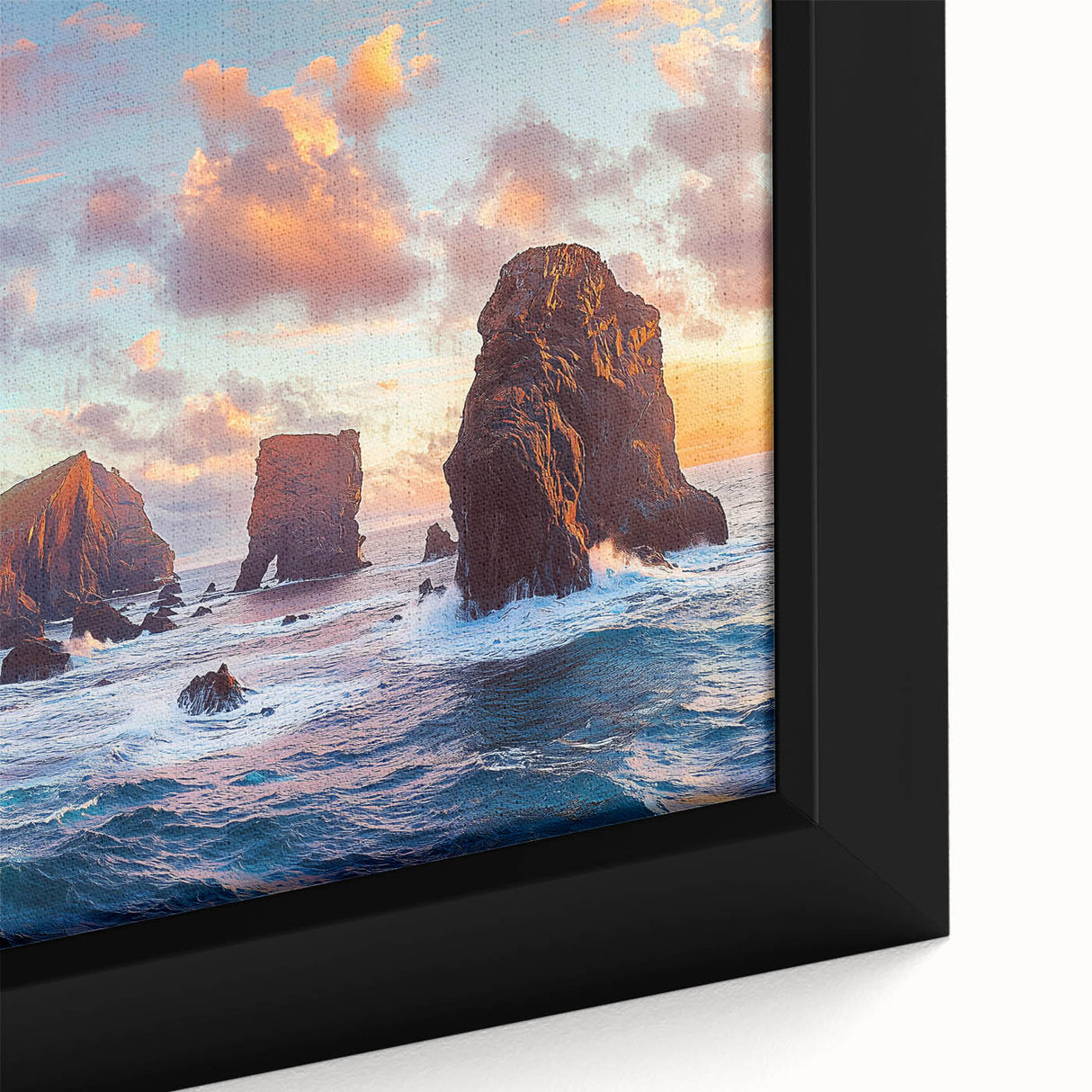 Close-up of a framed canvas artwork depicting dramatic cliffs and landscapes, showcasing vibrant colors and intricate details, ideal for enhancing home decor.