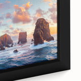 Close-up of a framed canvas artwork depicting dramatic cliffs and landscapes, showcasing vibrant colors and intricate details, ideal for enhancing home decor.