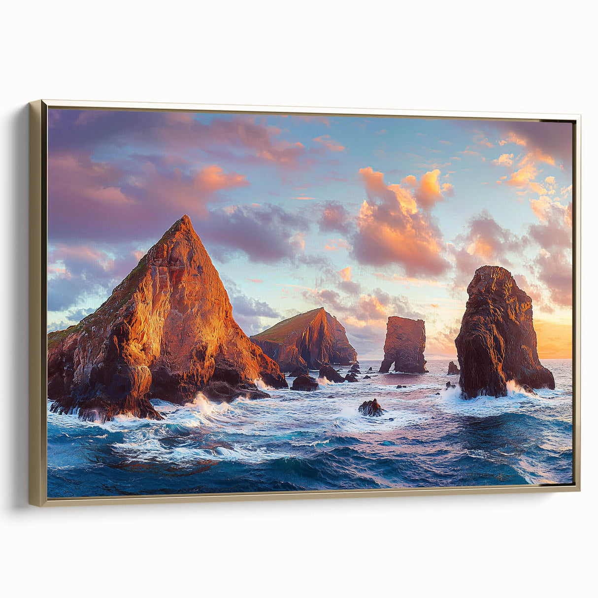 Framed canvas artwork depicting a scenic landscape of cliffs with vibrant colors and textured details, complemented by a luxurious gold frame, ideal for home decor.