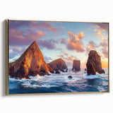 Framed canvas artwork depicting a scenic landscape of cliffs with vibrant colors and textured details, complemented by a luxurious gold frame, ideal for home decor.