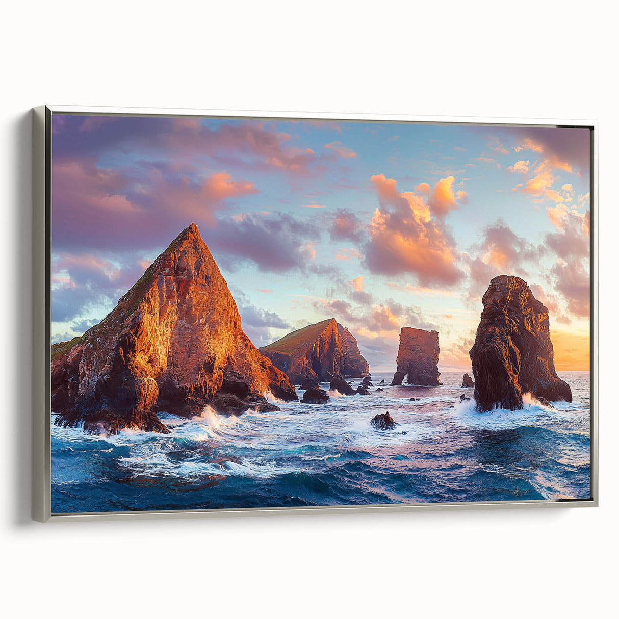 Framed canvas artwork depicting dramatic cliffs in a landscape setting, featuring a sleek silver frame that enhances the natural beauty of the scene.