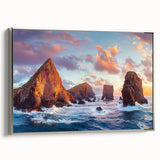 Framed canvas artwork depicting dramatic cliffs in a landscape setting, featuring a sleek silver frame that enhances the natural beauty of the scene.