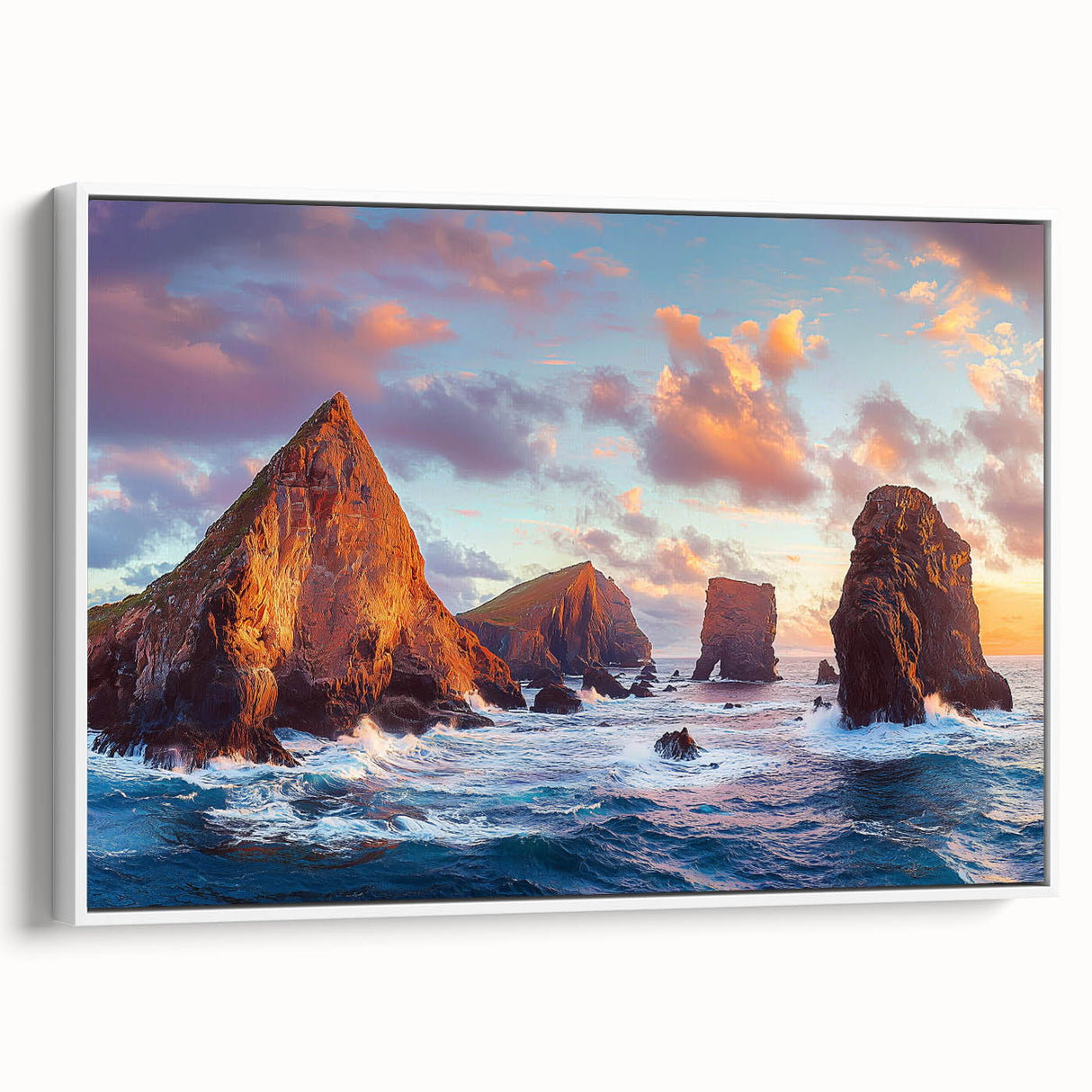 Framed canvas artwork depicting a dramatic cliff landscape with vibrant colors, showcasing intricate details and textures, ideal for modern home decor. Perfect for enhancing living spaces with nature-inspired themes.