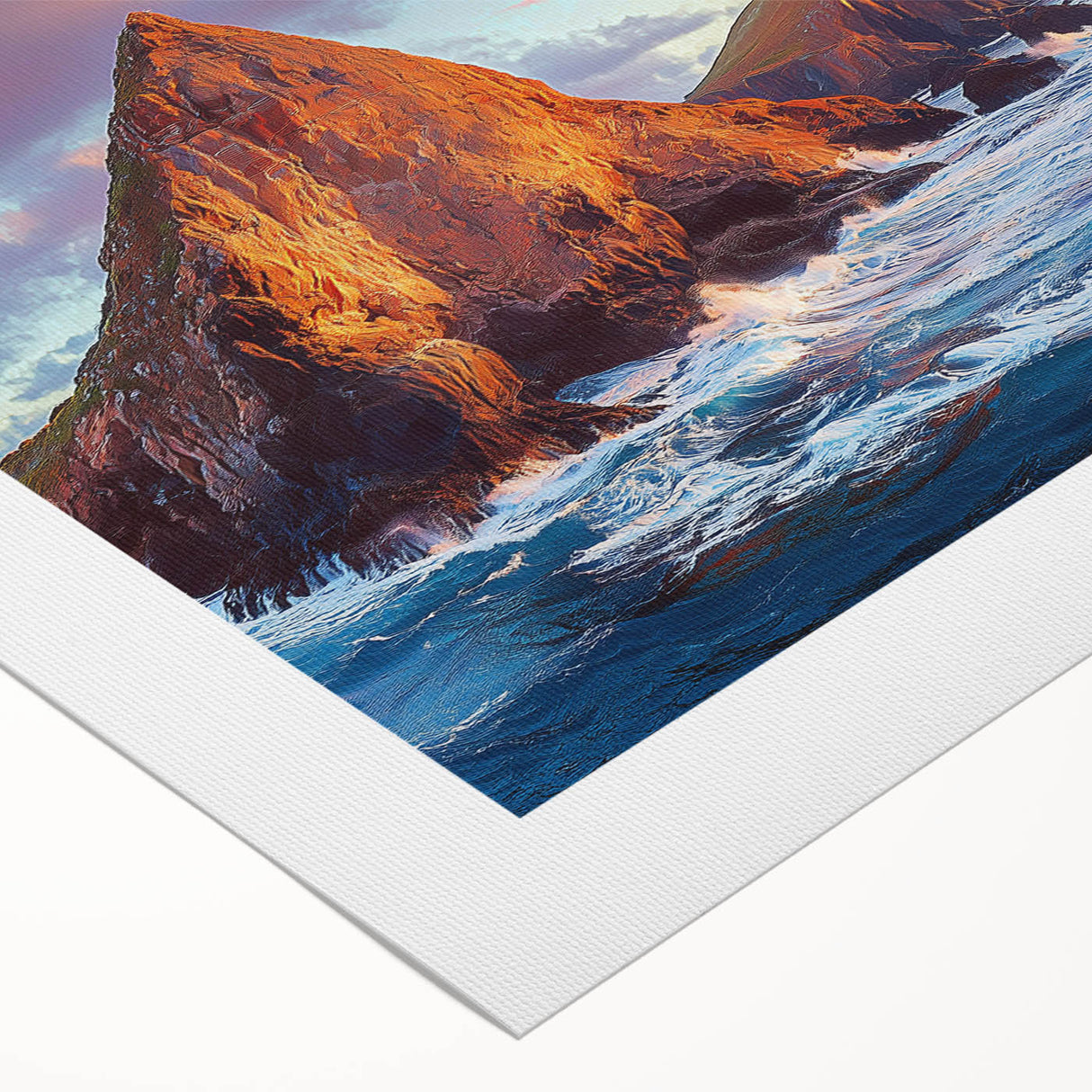 Vibrant rolled canvas artwork depicting dramatic cliffs and landscapes, showcasing rich colors and textures, perfect for home decor. Packaged in a secure cardboard tube for safe delivery.