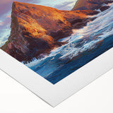Vibrant rolled canvas artwork depicting dramatic cliffs and landscapes, showcasing rich colors and textures, perfect for home decor. Packaged in a secure cardboard tube for safe delivery.