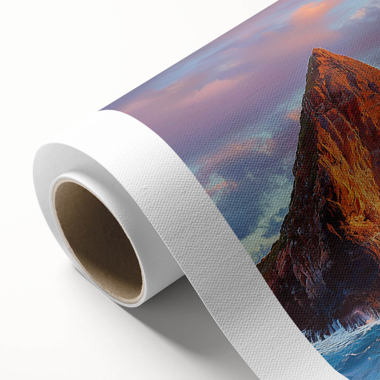 Rolled canvas artwork showcasing a stunning cliff landscape with vibrant colors, expertly printed for home decor. Packaged securely in a protective cardboard tube.