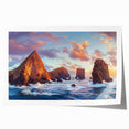 Vibrant rolled print showcasing a breathtaking landscape of cliffs against a sunset sky, highlighting rich hues of orange and blue, ideal for home decor.