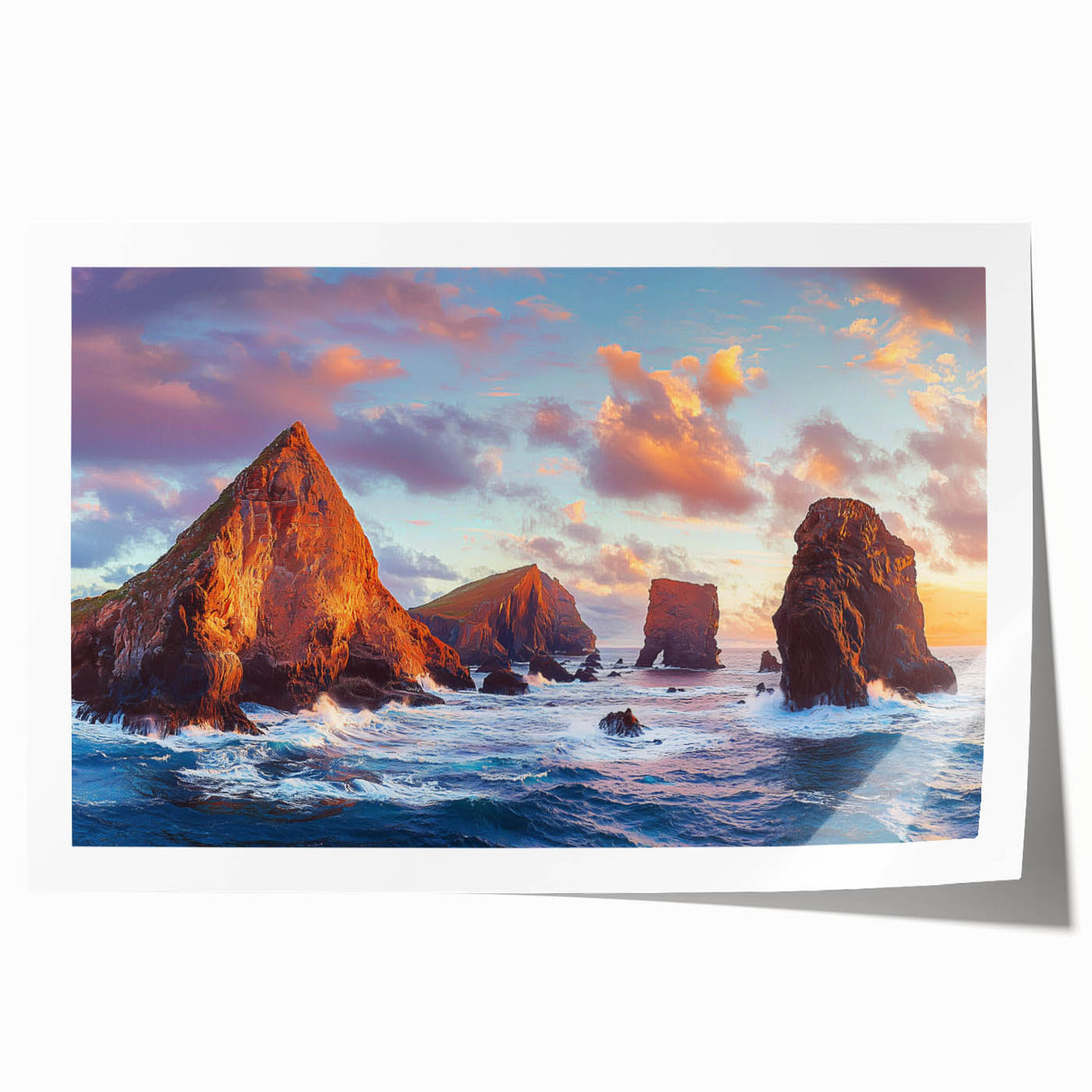 Vibrant rolled print showcasing a breathtaking landscape of cliffs against a sunset sky, highlighting rich hues of orange and blue, ideal for home decor.
