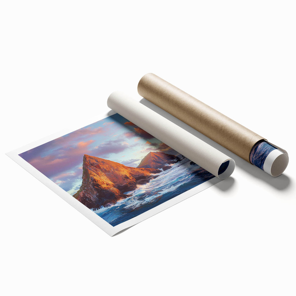 Stunning rolled landscape print showcasing dramatic cliffs with vibrant colors and intricate details, perfect for home decor or art collectors, packaged securely.