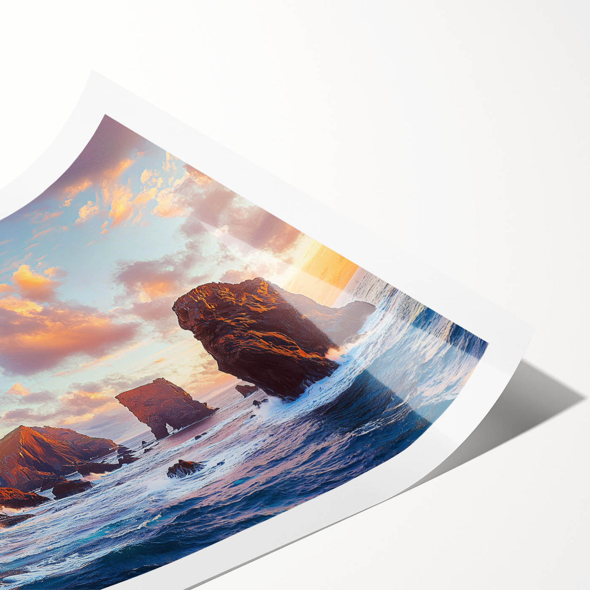 Vibrant rolled canvas print showcasing a stunning landscape of majestic cliffs under a blue sky, ideal for home decor or art enthusiasts, carefully packaged for easy display.