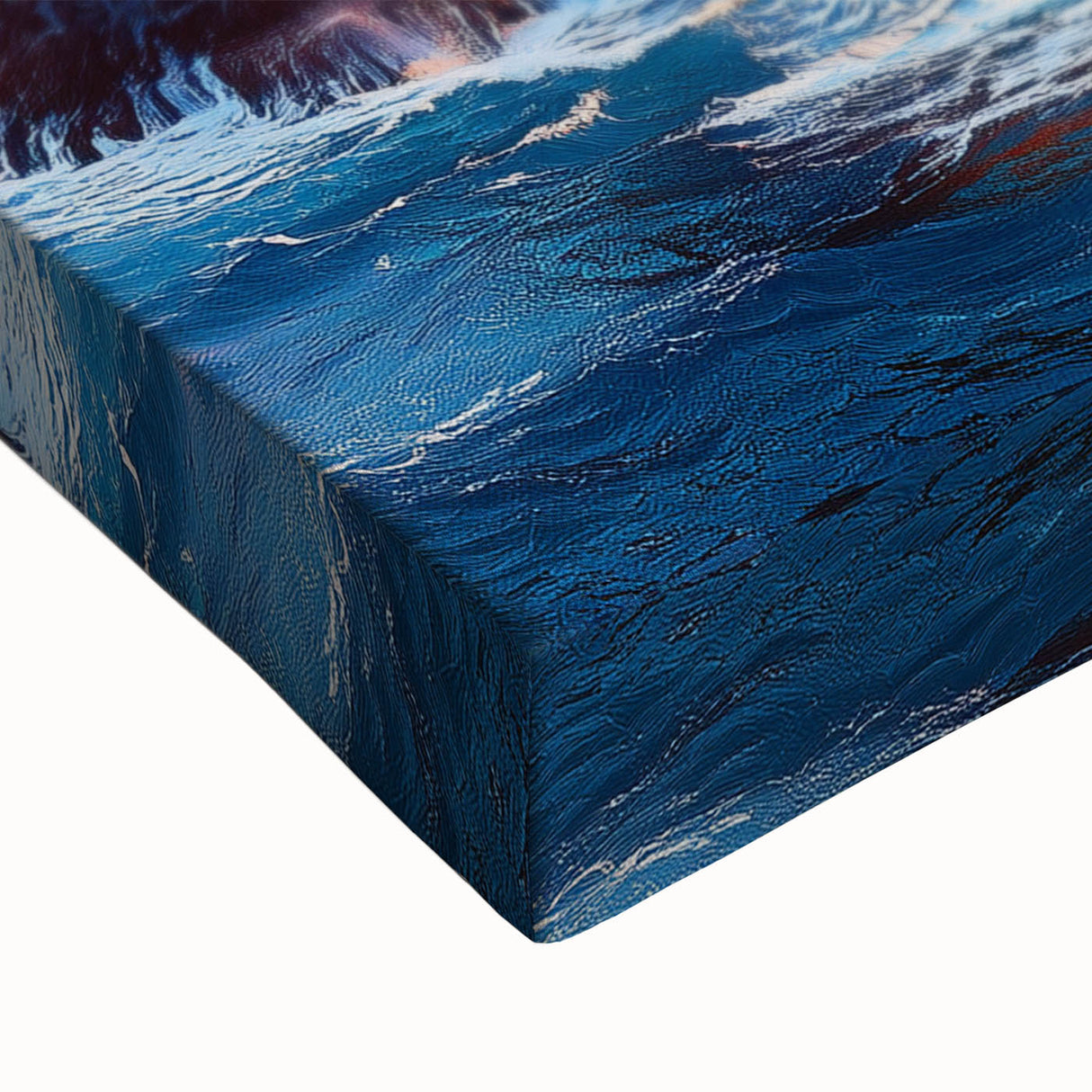 Close-up of a vibrant stretched canvas artwork depicting dramatic cliffs in a lush landscape, showcasing rich colors and intricate textures, ideal for home decor.