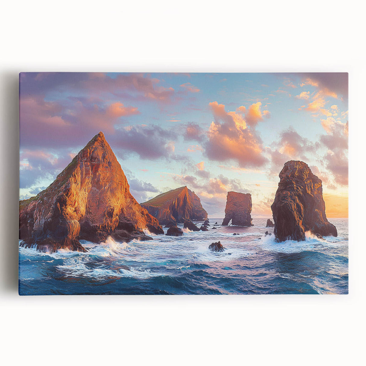 Vibrant stretched canvas artwork depicting stunning cliffs at sunset, showcasing rich colors and intricate details, perfect for enhancing any living space decor.