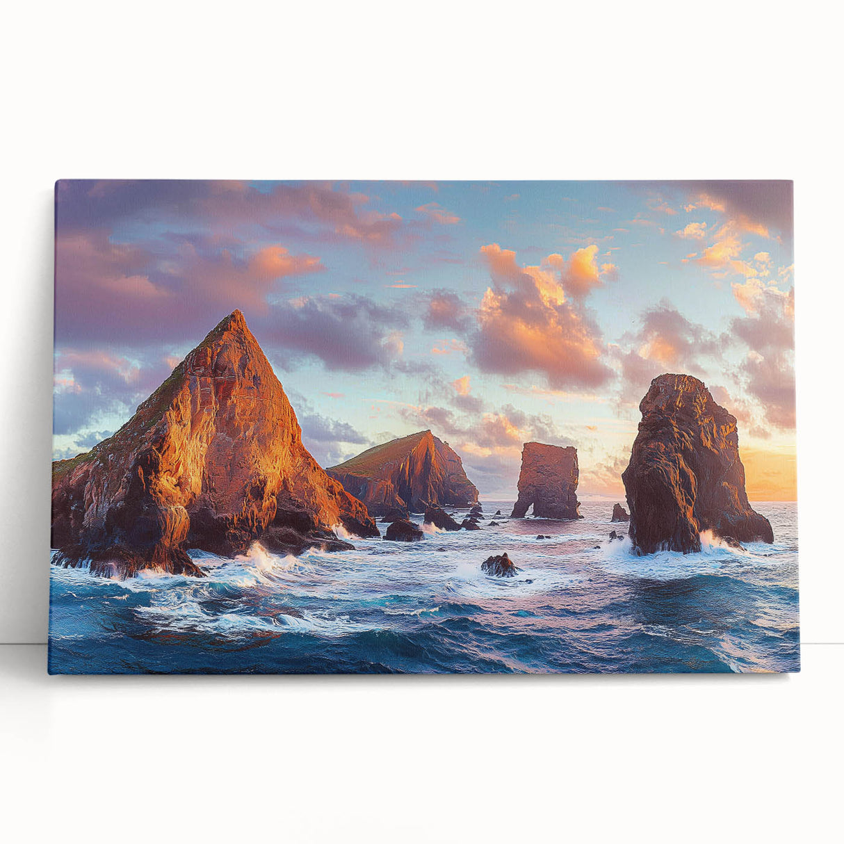 Stretched canvas artwork depicting a dramatic cliff landscape in vibrant colors, adding a serene touch to home decor. Ideal for nature enthusiasts and art lovers.