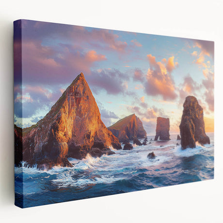 Stretched canvas art depicting a dramatic side view of towering cliffs against a vibrant sunset sky, showcasing rich colors and intricate textures, perfect for home decor.