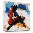 Abstract figurative acrylic artwork displayed on glass, showcasing vibrant colors and unique pin detailing, ideal for modern home decor.