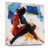 Abstract figurative acrylic artwork displayed on glass, showcasing vibrant colors and unique pin detailing, ideal for modern home decor.