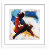 Abstract figurative frame with a white mat, displaying a modern art piece featuring dynamic shapes and muted colors, perfect for contemporary home decor.