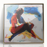 Framed abstract figurative art piece in gold hues, showcasing a modern design with unique shapes and textures, perfect for contemporary home decor.