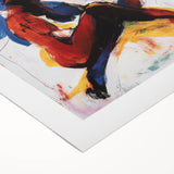 Abstract figurative artwork on rolled canvas showcasing vibrant colors and dynamic shapes, presented in eco-friendly packaging for stylish home decor.