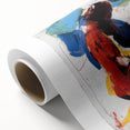 Abstract figurative artwork on rolled canvas showcasing vibrant colors and dynamic shapes, packaged securely in a cardboard tube for easy transport and display. Perfect for modern home decor enthusiasts seeking unique and eye-catching wall art.