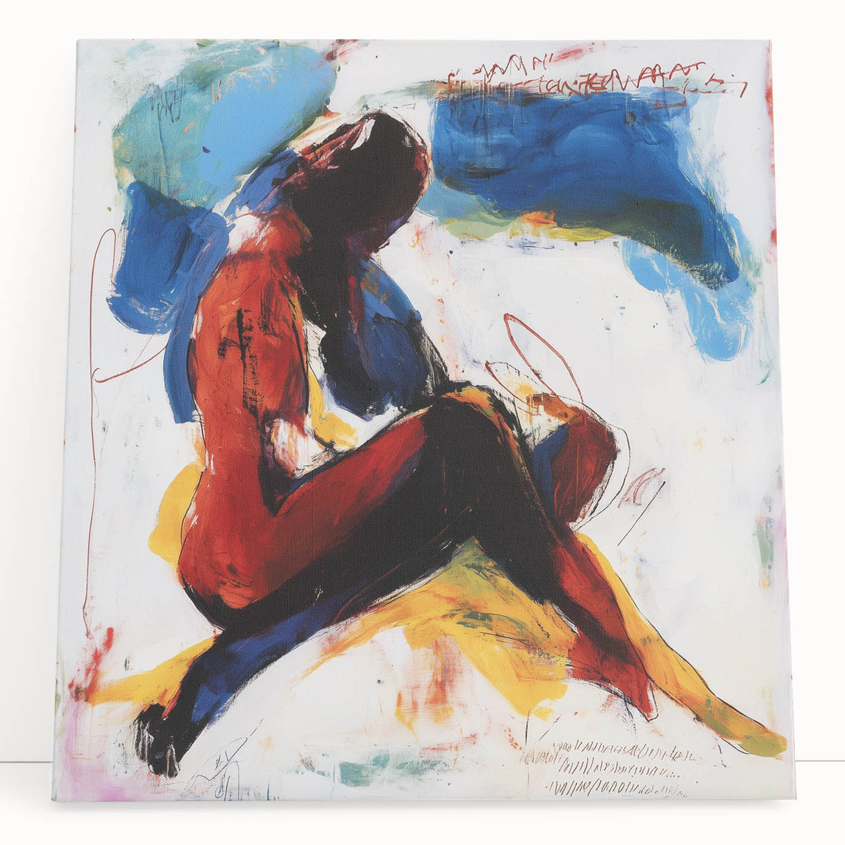 Abstract figurative stretched canvas artwork in vibrant colors, leaning against a textured wall, showcasing modern art aesthetics suitable for contemporary home decor.