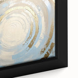 Close-up of a vibrant abstract geometric framed canvas artwork, showcasing bold colors and intricate patterns, perfect for modern home decor accents.