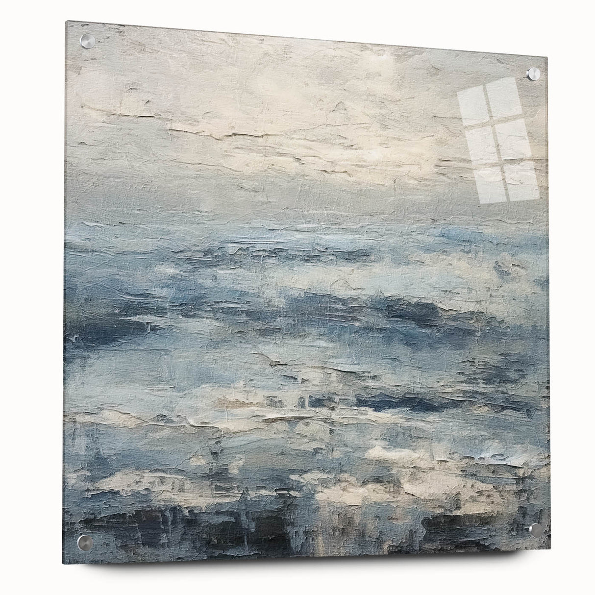 Abstract landscape wall art displayed in a side view, showcasing vibrant colors and intricate textures on acrylic glass, elegantly pinned for a modern aesthetic.