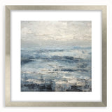 Abstract landscape wall art featuring soft, blended colors of blue and gray, framed in a sleek silver frame with a white mat, perfect for modern home decor.