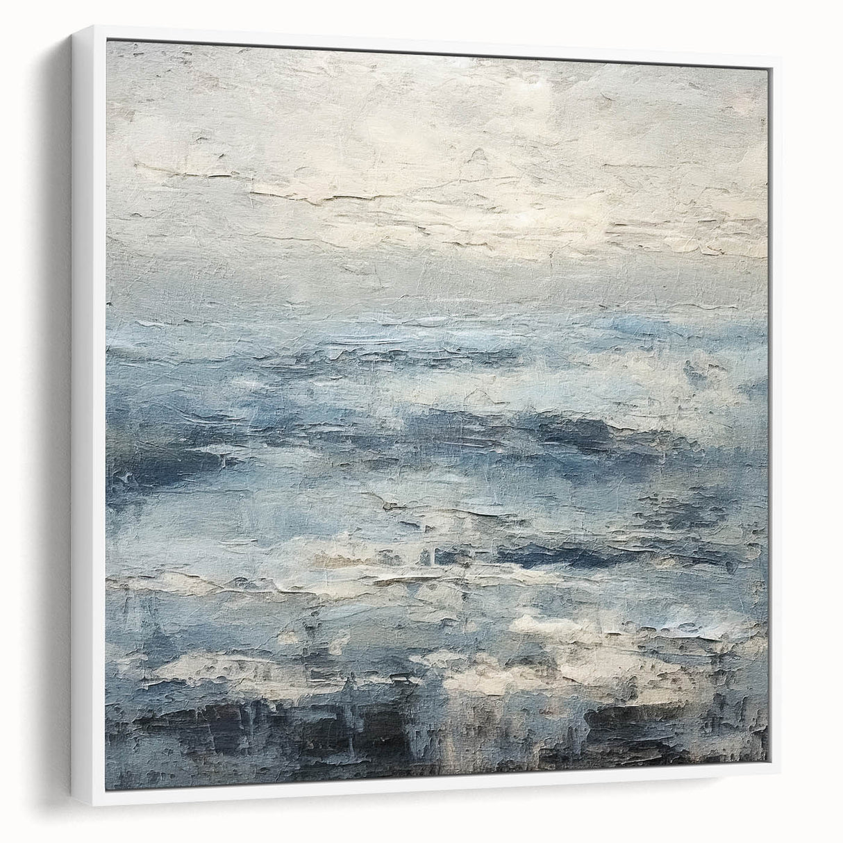 Framed abstract landscape wall art showcasing soft pastel colors with a white frame, perfect for modern home decor, seen from a side view. Ideal for enhancing living spaces.