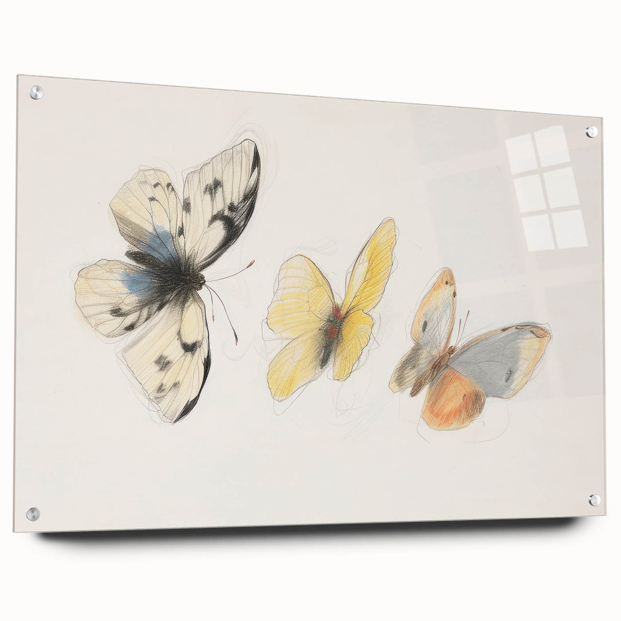 Acrylic glass artwork depicting a vibrant animal design, showcasing intricate details and a side view with pins for easy display, perfect for modern home decor.