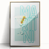 Large art print of assorted fruits and beverages in vibrant colors on a gold-framed acrylic, ideal for modern kitchen decor.