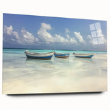 Acrylic glass artwork depicting a serene beach landscape in vibrant colors, showcasing gentle waves and a clear sky, designed for modern home decor.
