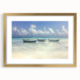 Elegant landscape artwork of serene beaches framed in gold, featuring a white mat that enhances its coastal charm, perfect for home or office decor.
